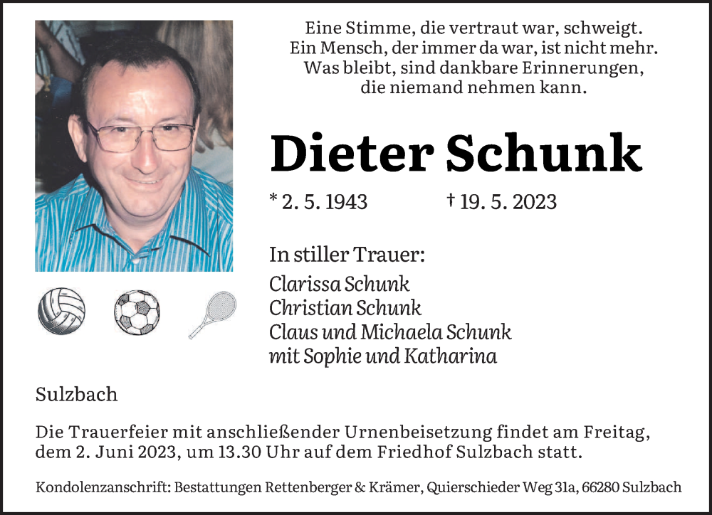  Traueranzeige für Dieter Schunk vom 27.05.2023 aus saarbruecker_zeitung