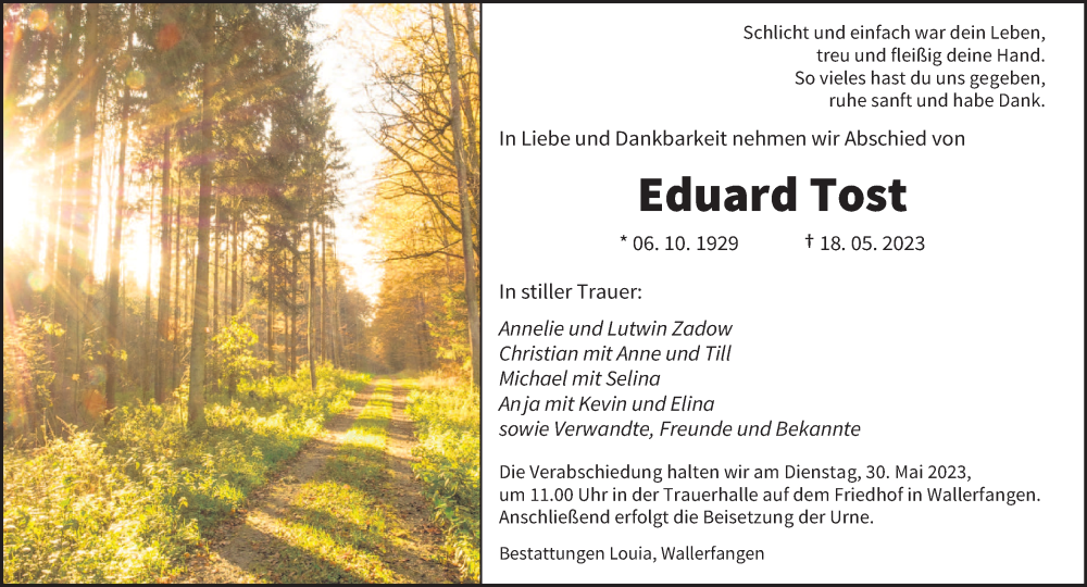  Traueranzeige für Eduard Tost vom 26.05.2023 aus saarbruecker_zeitung