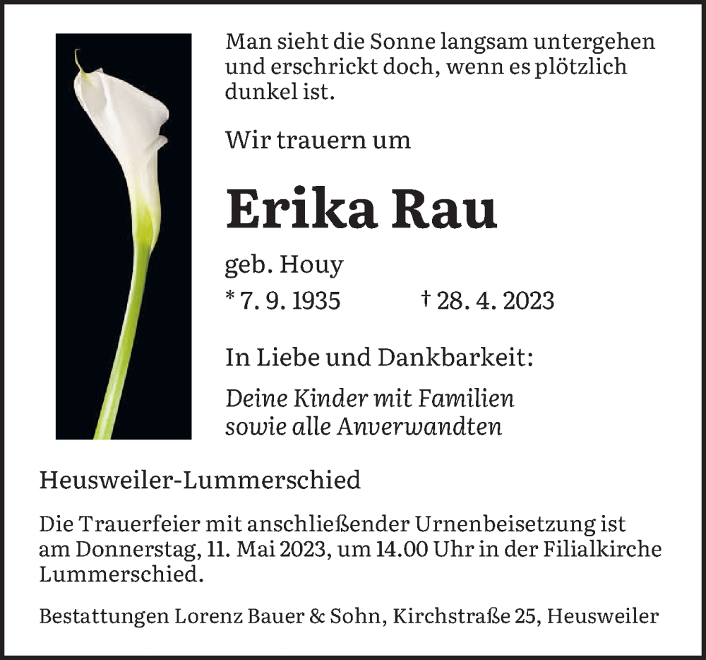  Traueranzeige für Erika Rau vom 06.05.2023 aus saarbruecker_zeitung