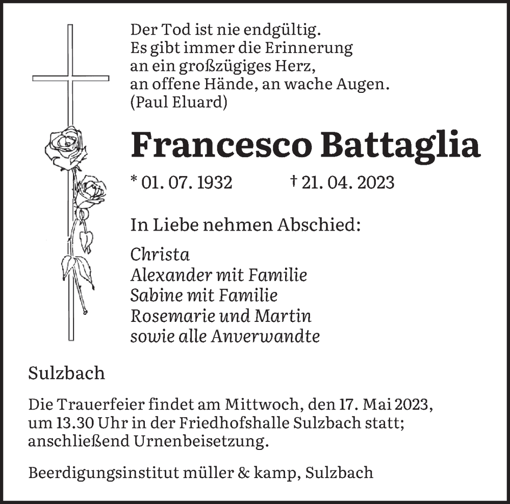  Traueranzeige für Francesco Battaglia vom 13.05.2023 aus saarbruecker_zeitung