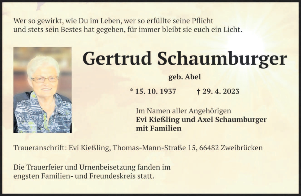  Traueranzeige für Gertrud Schaumburger vom 26.05.2023 aus saarbruecker_zeitung