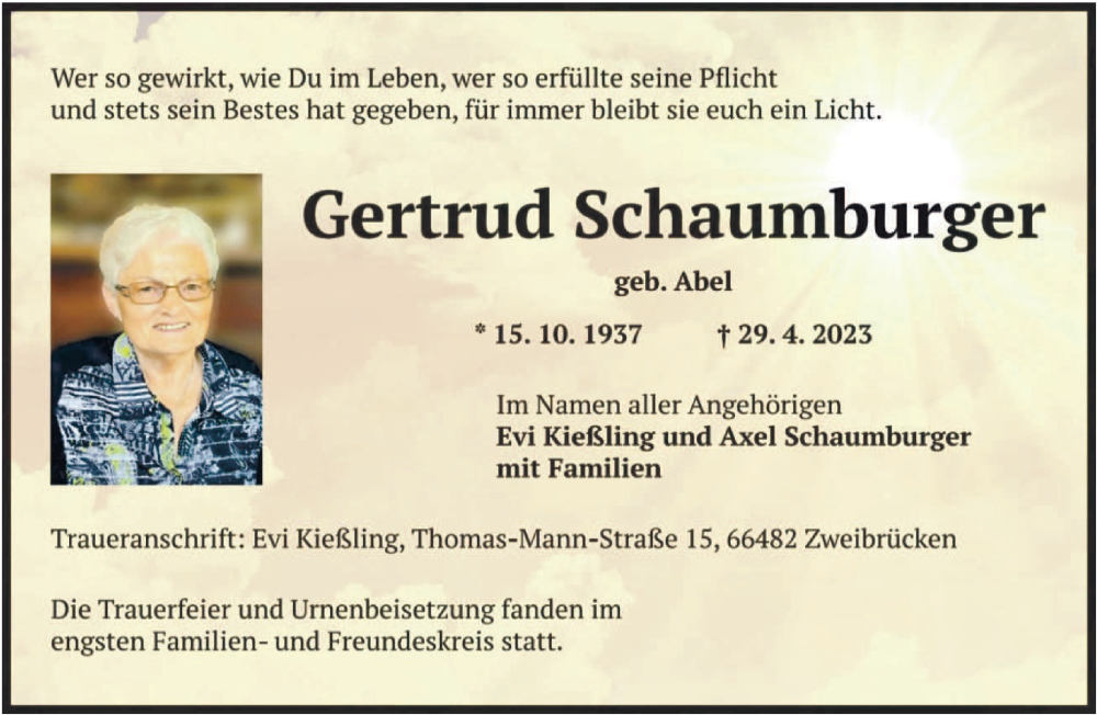  Traueranzeige für Gertrud Schaumburger vom 27.05.2023 aus saarbruecker_zeitung