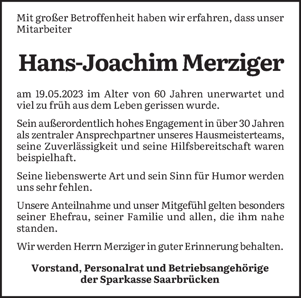  Traueranzeige für Hans-Joachim Merziger vom 27.05.2023 aus saarbruecker_zeitung