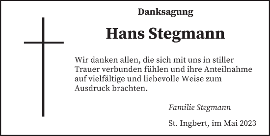 Traueranzeige von Hans Stegmann von saarbruecker_zeitung