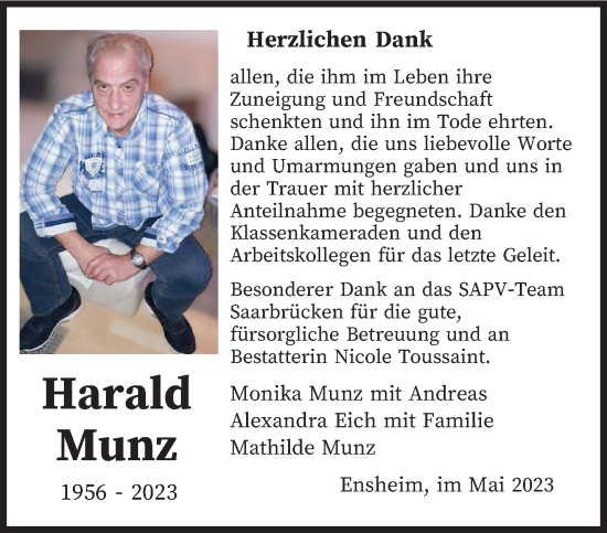 Traueranzeige von Harald Munz von saarbruecker_zeitung