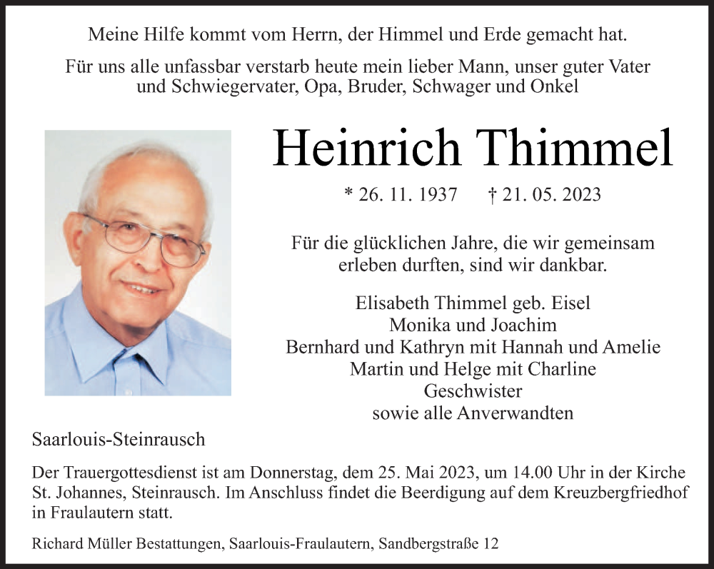  Traueranzeige für Heinrich Thimmel vom 23.05.2023 aus saarbruecker_zeitung