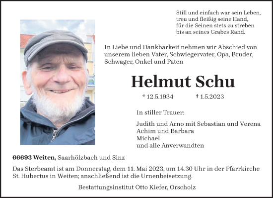 Traueranzeige von Helmut Schu von saarbruecker_zeitung