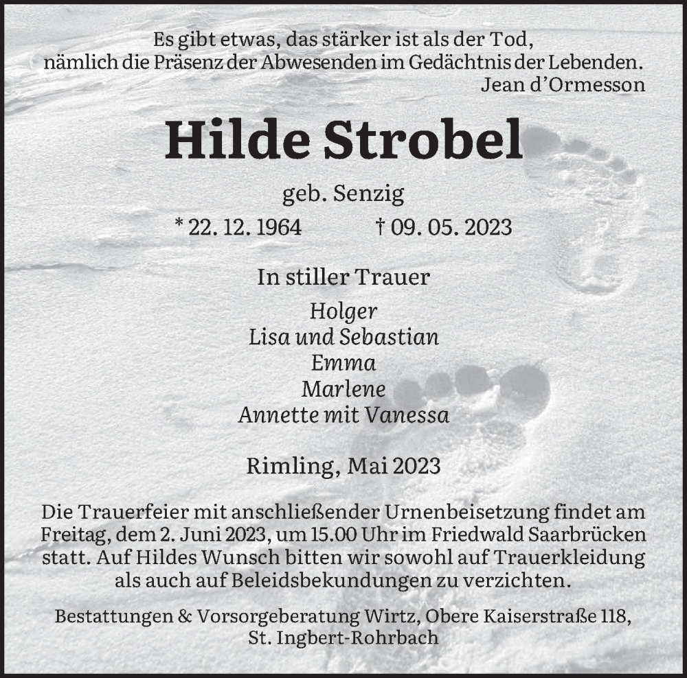  Traueranzeige für Hilde Strobel vom 27.05.2023 aus saarbruecker_zeitung