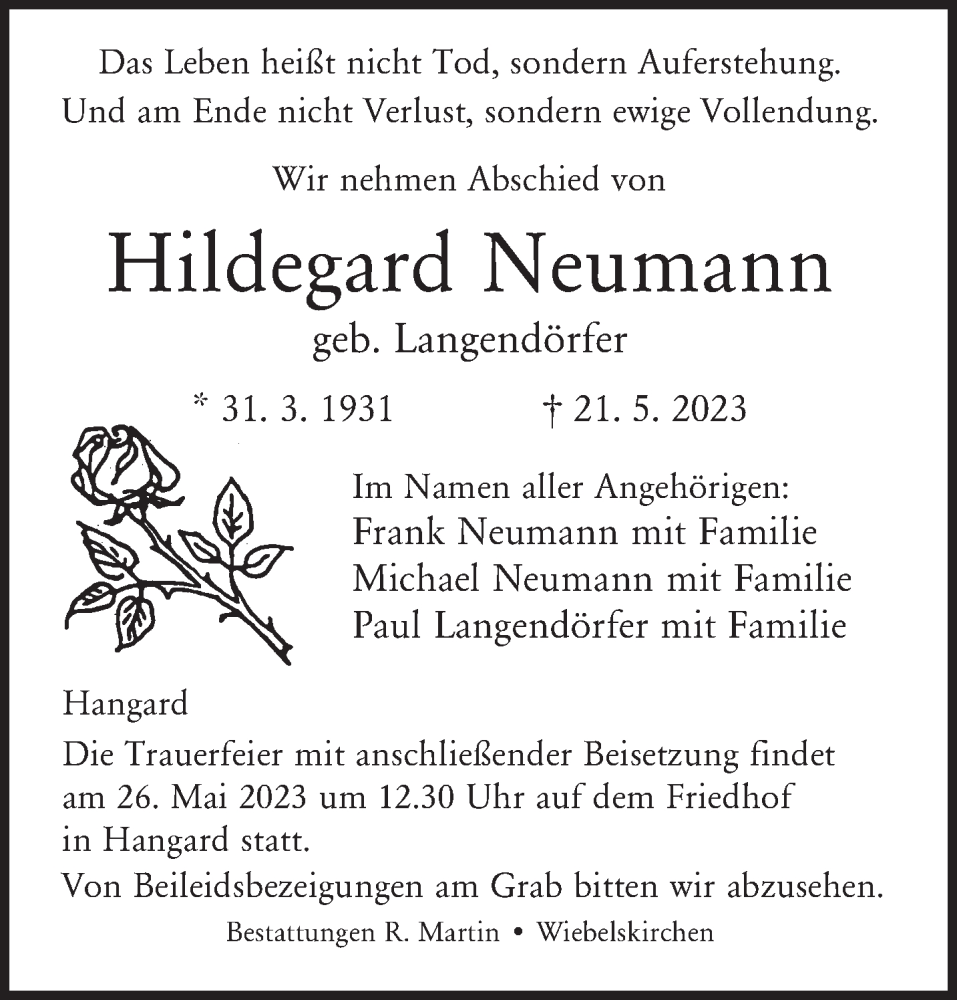  Traueranzeige für Hildegard Neumann vom 23.05.2023 aus saarbruecker_zeitung