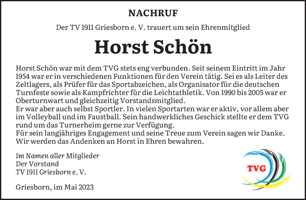  Traueranzeige für Horst Schön vom 06.05.2023 aus saarbruecker_zeitung