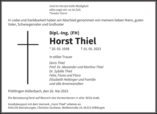 Traueranzeige von Horst Thiel von saarbruecker_zeitung