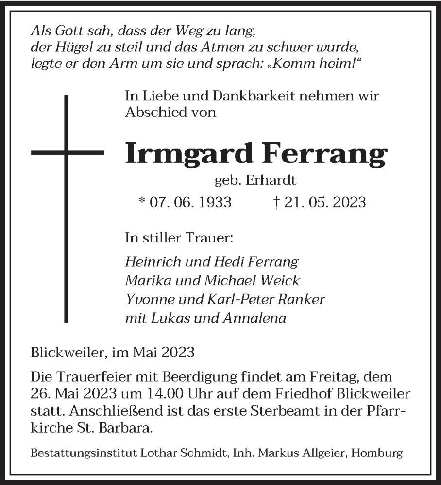  Traueranzeige für Irmgard Ferrang vom 24.05.2023 aus saarbruecker_zeitung