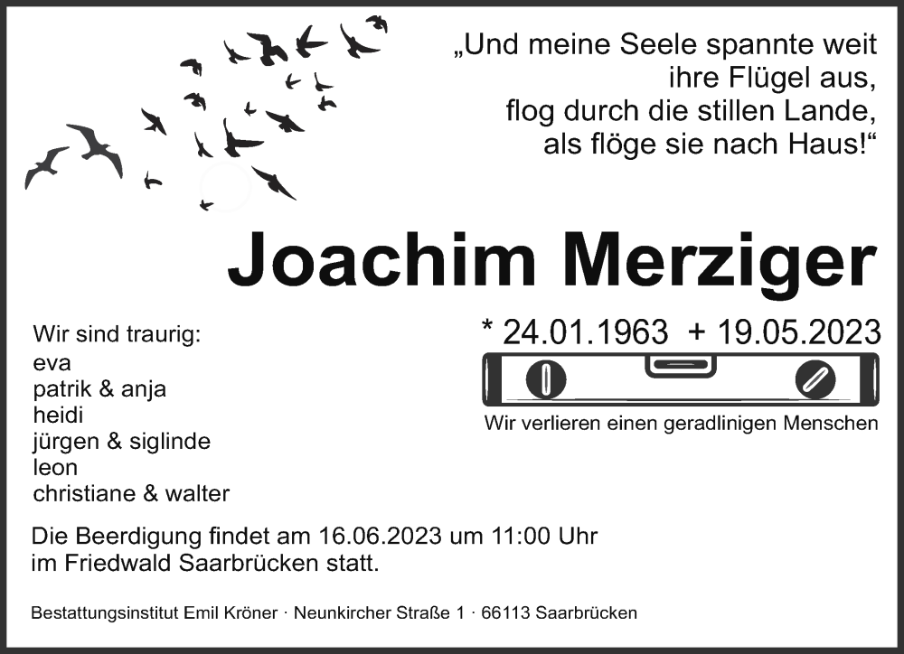  Traueranzeige für Joachim Merziger vom 27.05.2023 aus saarbruecker_zeitung