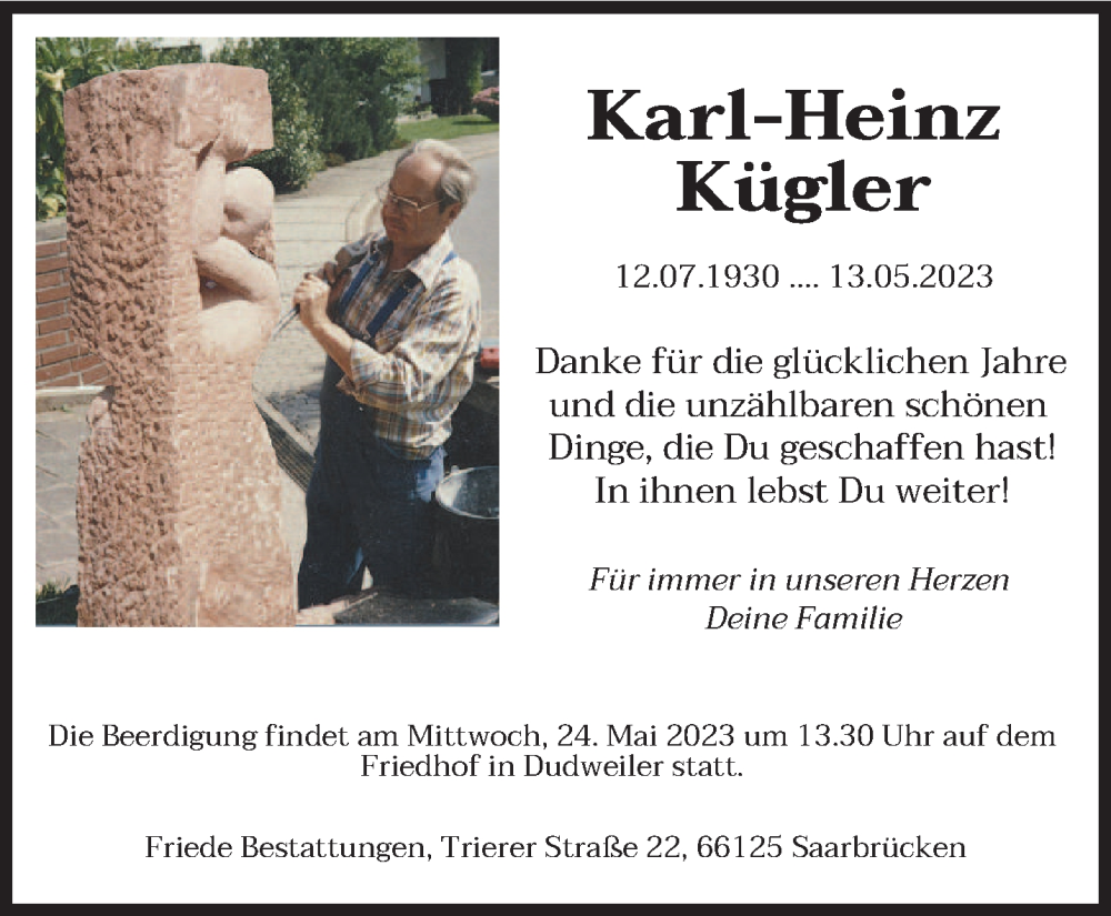  Traueranzeige für Karl-Heinz Kügler vom 20.05.2023 aus saarbruecker_zeitung