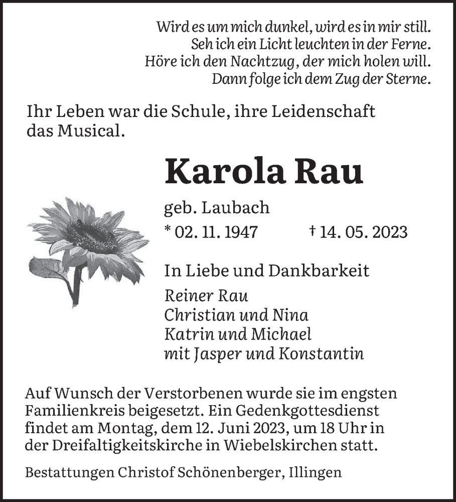  Traueranzeige für Karola Rau vom 24.05.2023 aus saarbruecker_zeitung