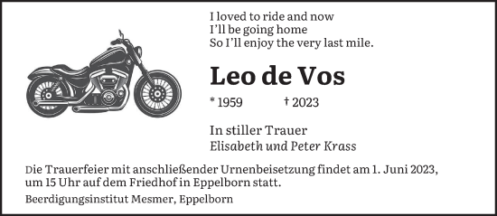 Traueranzeige von Leo de Vos von saarbruecker_zeitung