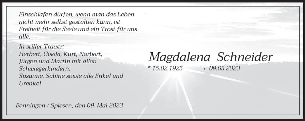  Traueranzeige für Magdalena Schneider vom 13.05.2023 aus saarbruecker_zeitung