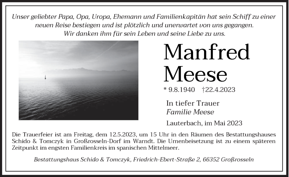  Traueranzeige für Manfred Meese vom 06.05.2023 aus saarbruecker_zeitung