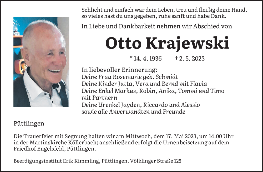  Traueranzeige für Otto Krajewski vom 13.05.2023 aus saarbruecker_zeitung