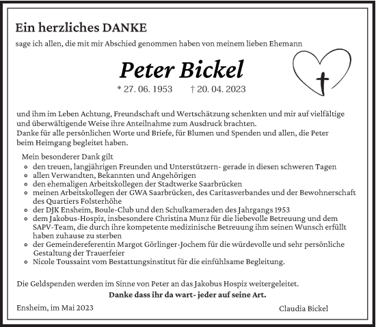 Traueranzeige von Peter Bickel von saarbruecker_zeitung