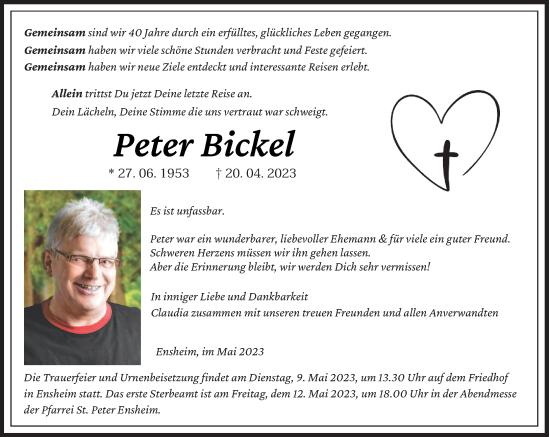 Traueranzeige von Peter Bickel von saarbruecker_zeitung