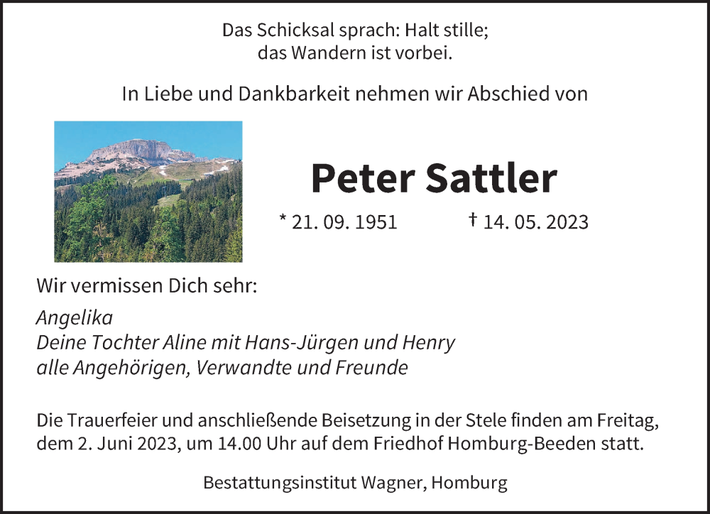  Traueranzeige für Peter Sattler vom 27.05.2023 aus saarbruecker_zeitung