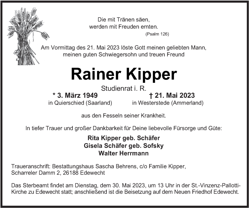  Traueranzeige für Rainer Kipper vom 25.05.2023 aus saarbruecker_zeitung