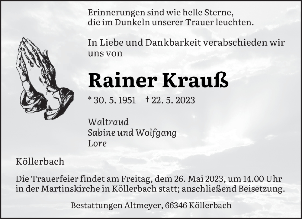 Traueranzeige für Rainer Krauß vom 24.05.2023 aus saarbruecker_zeitung