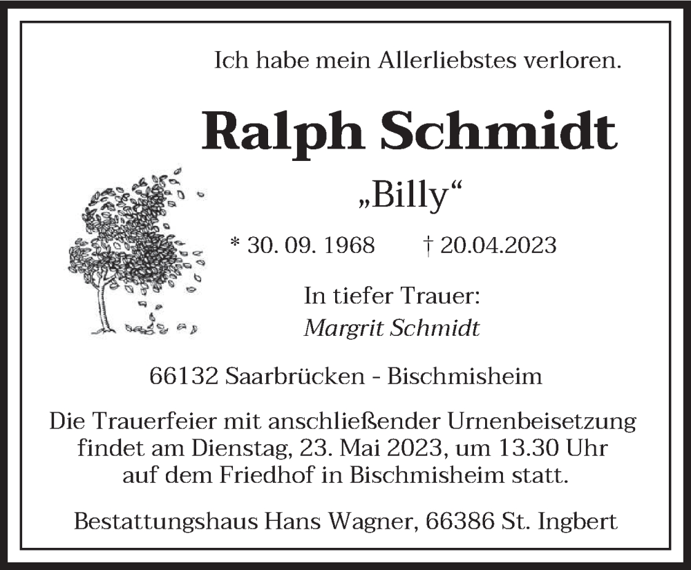  Traueranzeige für Ralph Schmidt vom 19.05.2023 aus saarbruecker_zeitung
