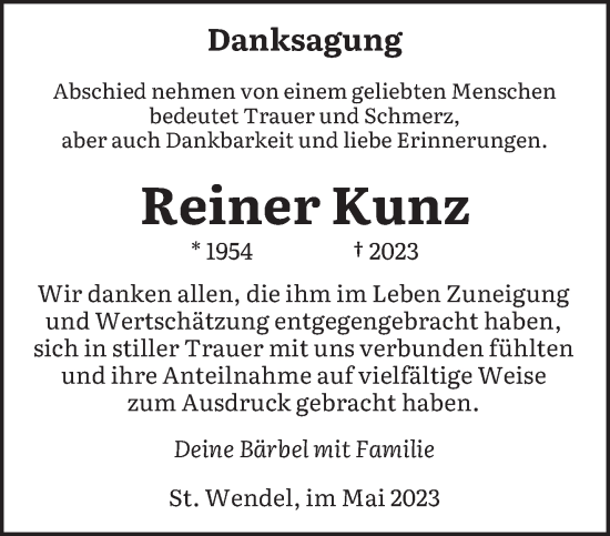 Traueranzeigen Von Reiner Kunz Saarbruecker Zeitung Trauer De