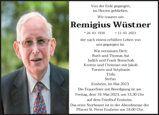 Traueranzeige von Remigius Wüstner von saarbruecker_zeitung