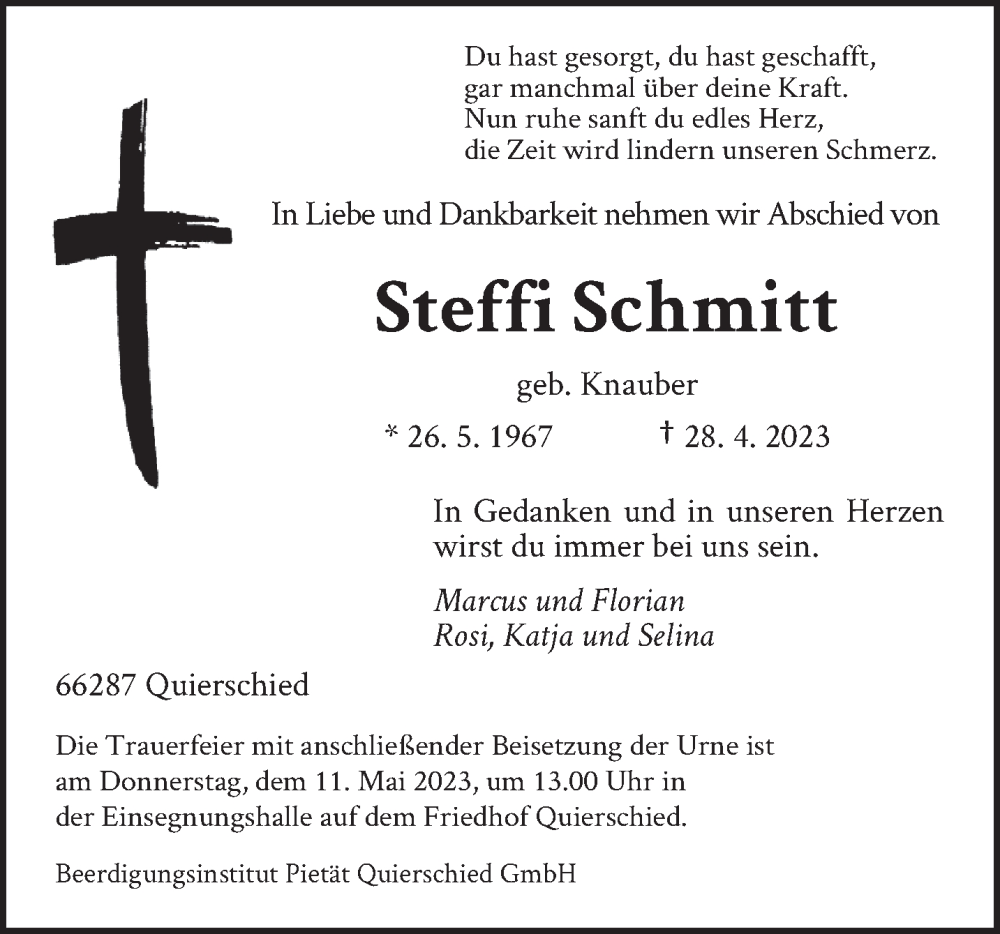  Traueranzeige für Steffi Schmitt vom 06.05.2023 aus saarbruecker_zeitung