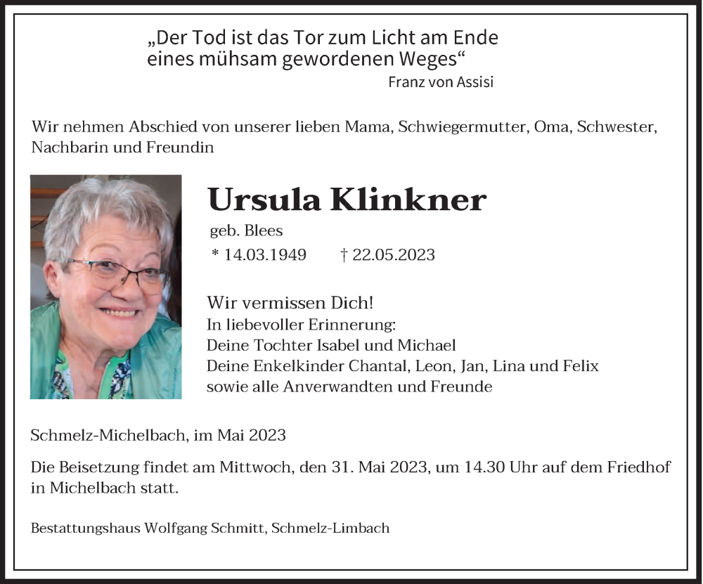  Traueranzeige für Ursula Klinkner vom 26.05.2023 aus saarbruecker_zeitung