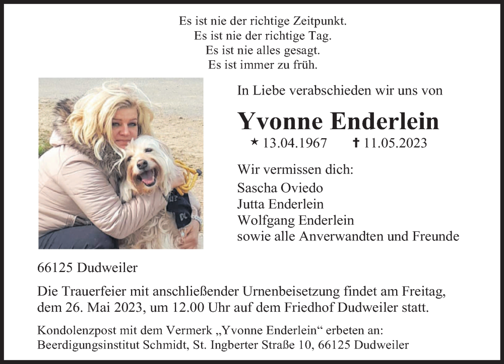  Traueranzeige für Yvonne Enderlein vom 20.05.2023 aus saarbruecker_zeitung