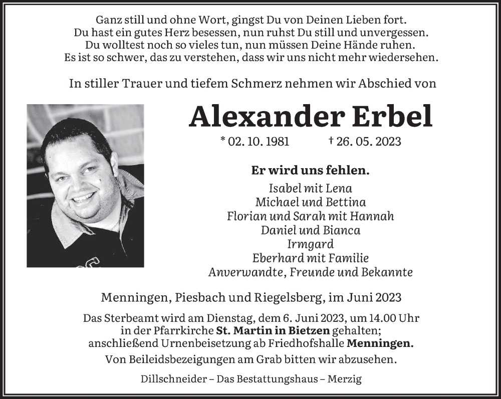  Traueranzeige für Alexander Erbel vom 02.06.2023 aus saarbruecker_zeitung