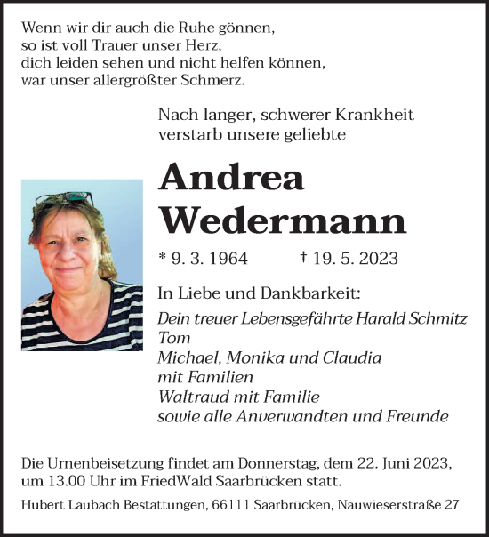 Traueranzeige von Andrea Wedermann von saarbruecker_zeitung