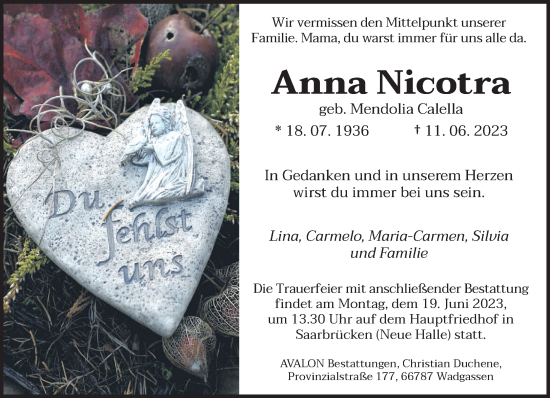 Traueranzeige von Anna Nicotra von saarbruecker_zeitung