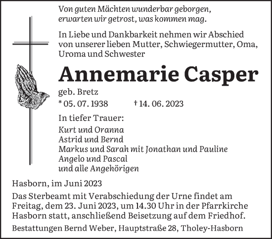 Traueranzeige von Annemarie Casper von saarbruecker_zeitung