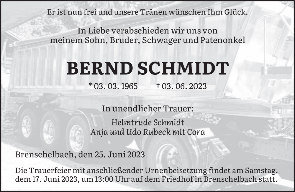  Traueranzeige für Bernd Schmidt vom 14.06.2023 aus saarbruecker_zeitung