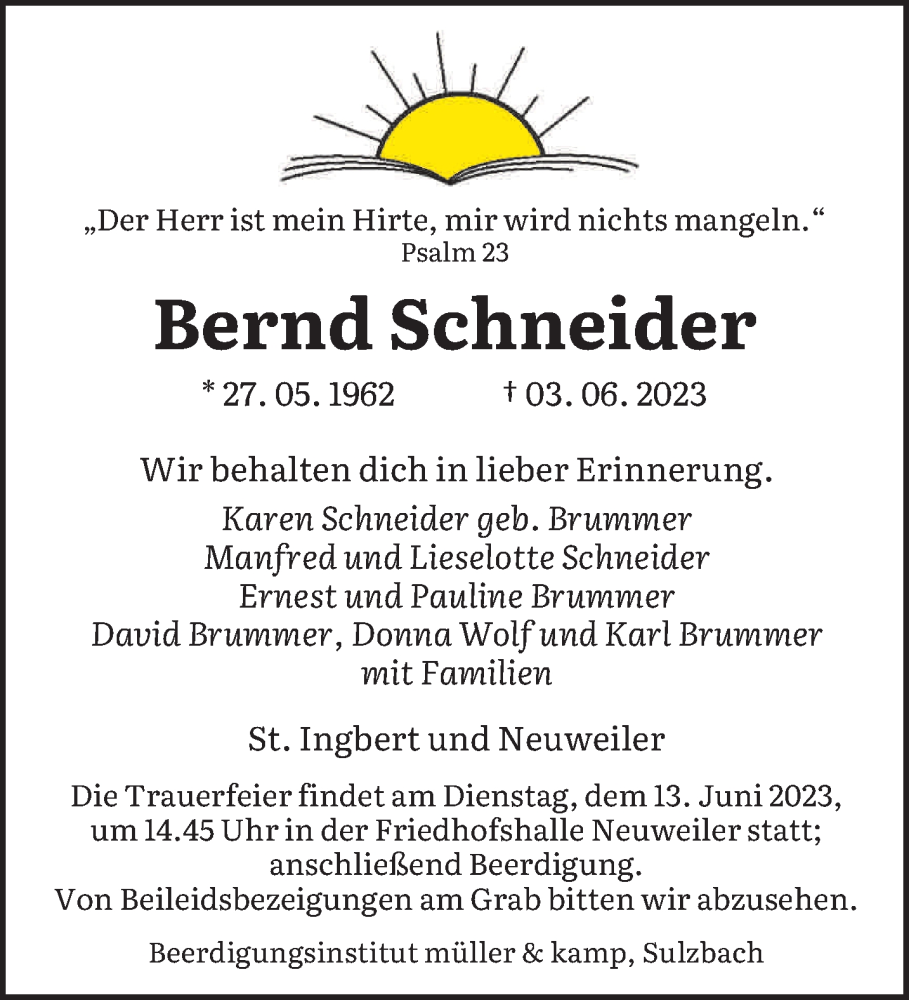  Traueranzeige für Bernd Schneider vom 10.06.2023 aus saarbruecker_zeitung