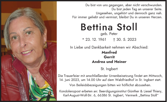 Traueranzeige von Bettina Stoll von saarbruecker_zeitung