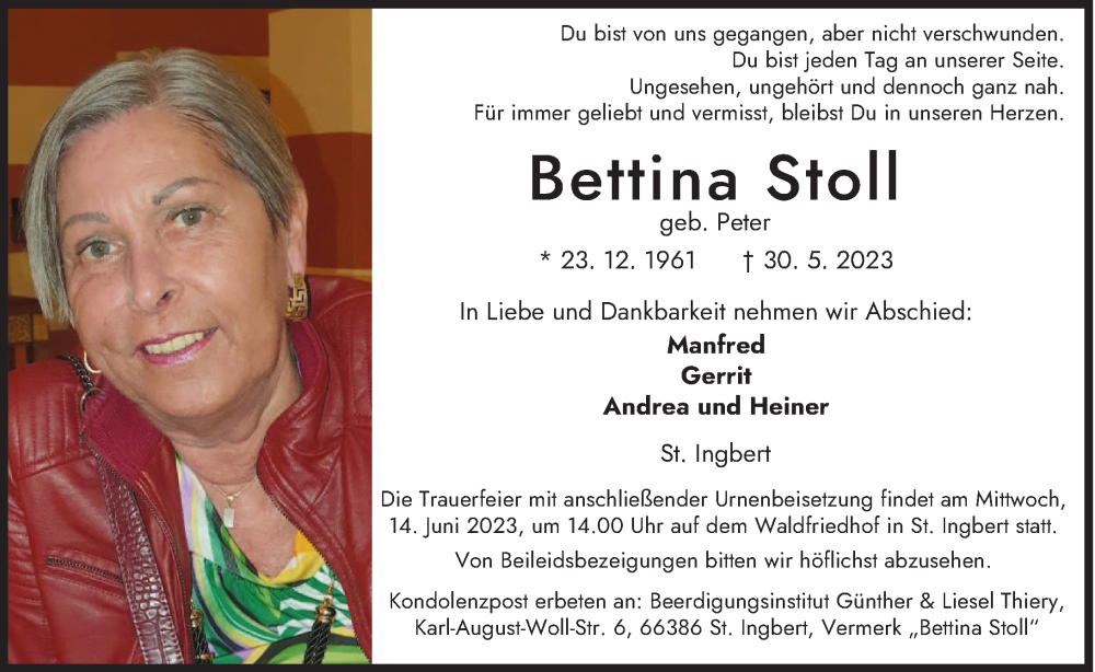  Traueranzeige für Bettina Stoll vom 10.06.2023 aus saarbruecker_zeitung
