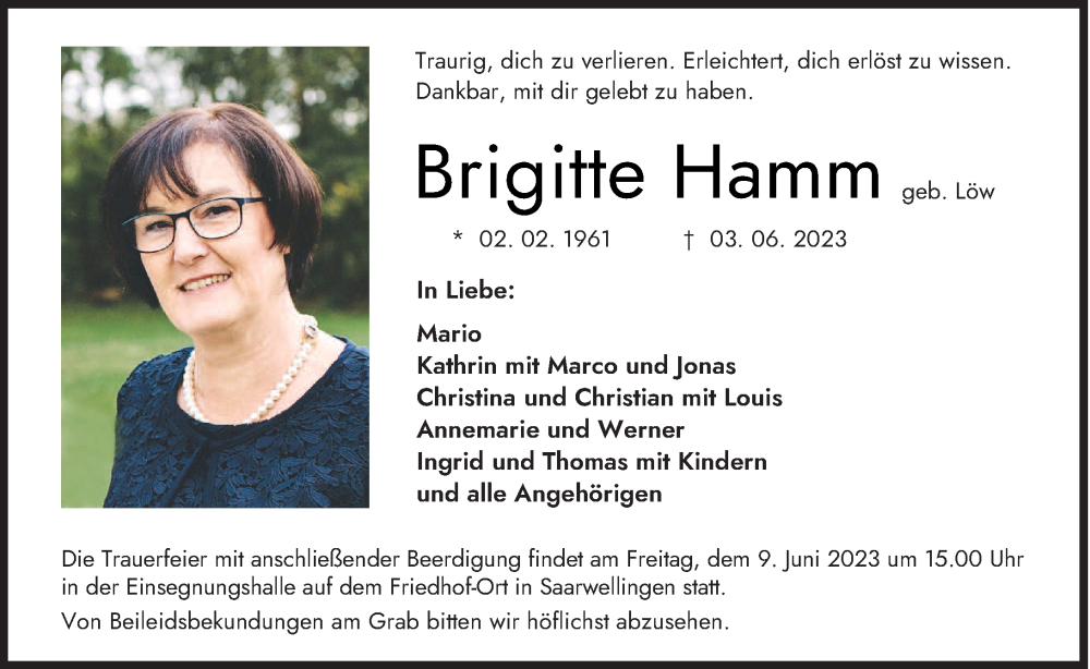  Traueranzeige für Brigitte Hamm vom 07.06.2023 aus saarbruecker_zeitung