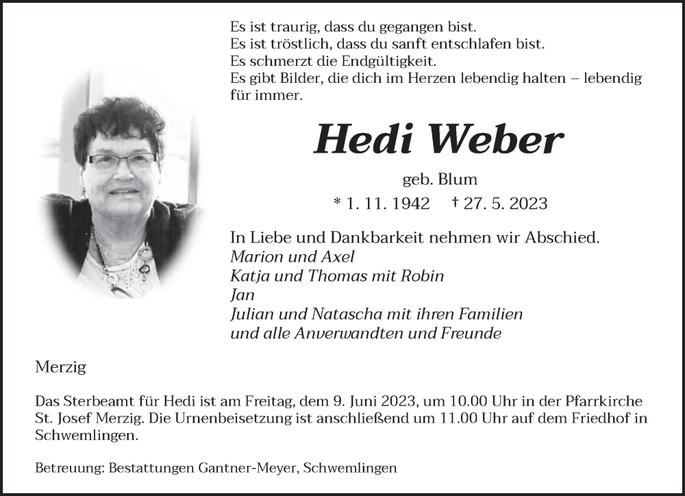  Traueranzeige für Hedi Weber vom 03.06.2023 aus saarbruecker_zeitung