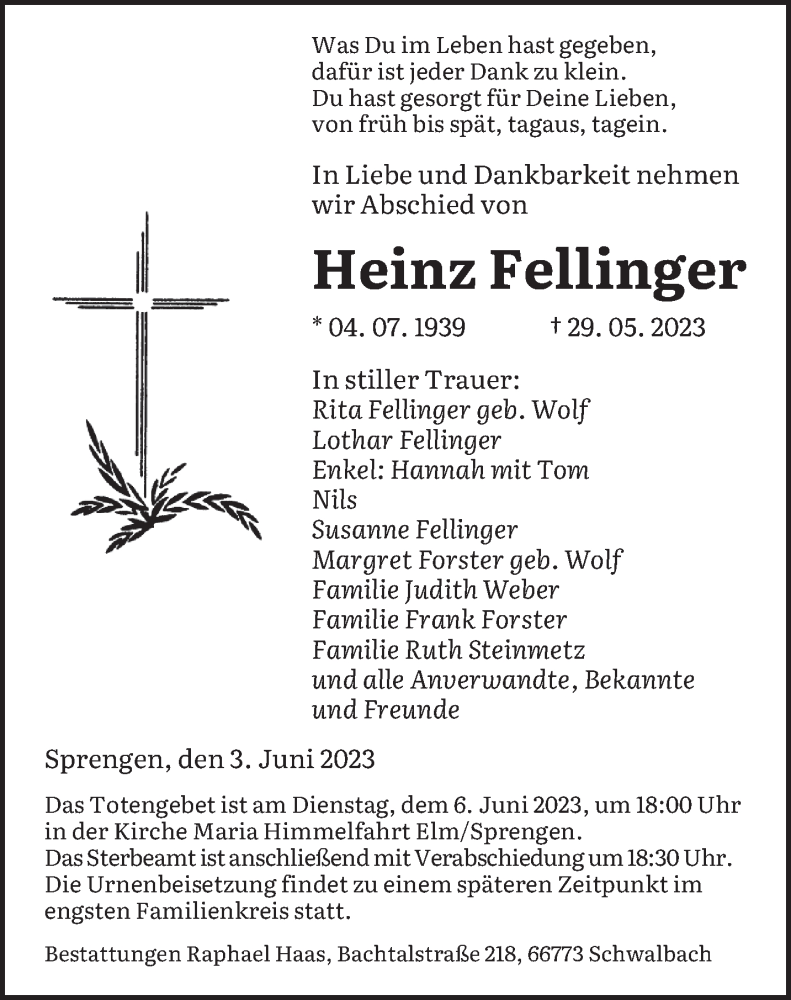  Traueranzeige für Heinz Fellinger vom 03.06.2023 aus saarbruecker_zeitung