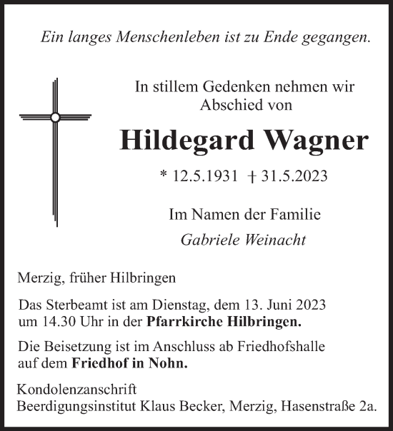Traueranzeige von Hildegard Wagner von saarbruecker_zeitung