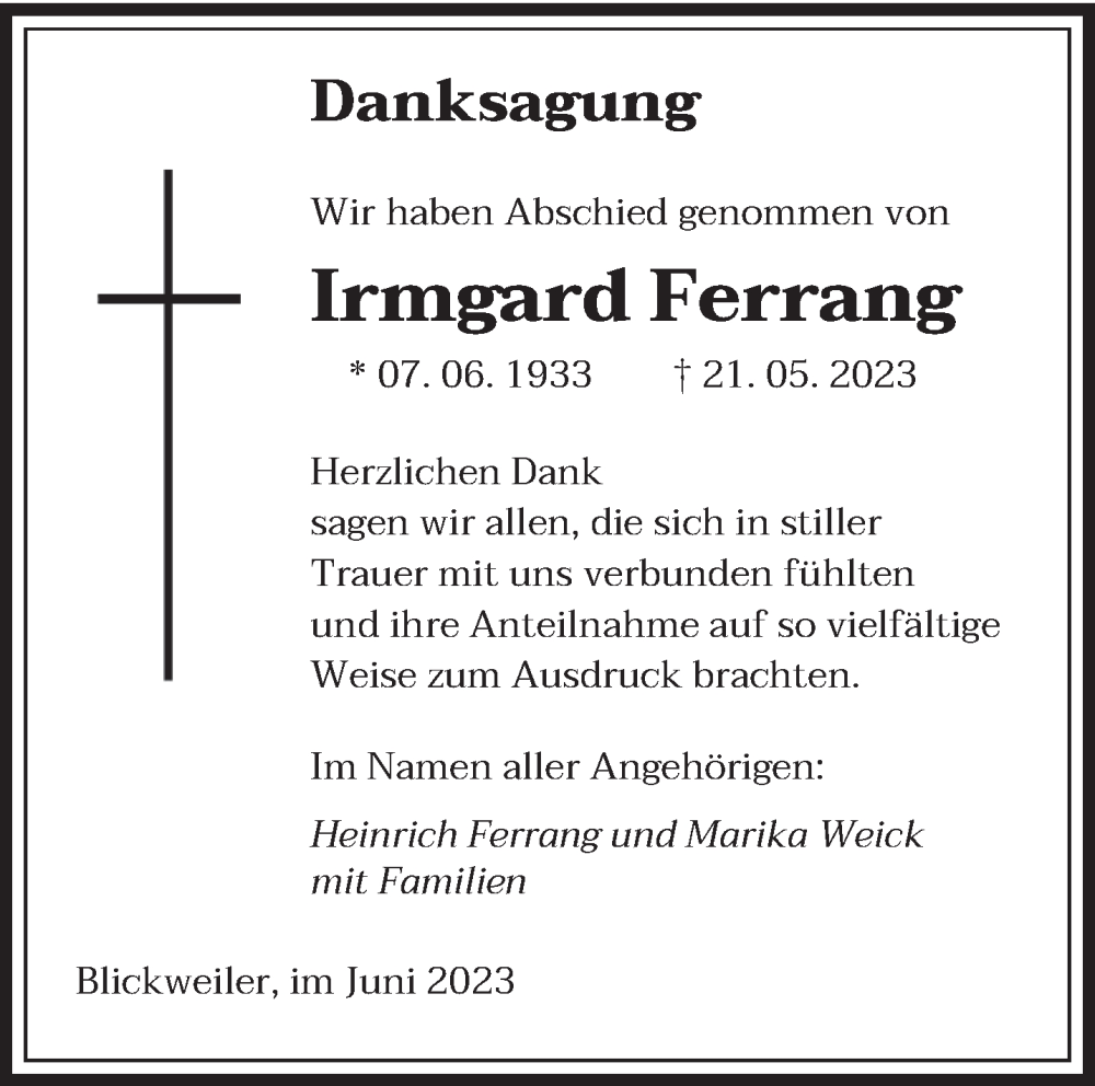  Traueranzeige für Irmgard Ferrang vom 03.06.2023 aus saarbruecker_zeitung