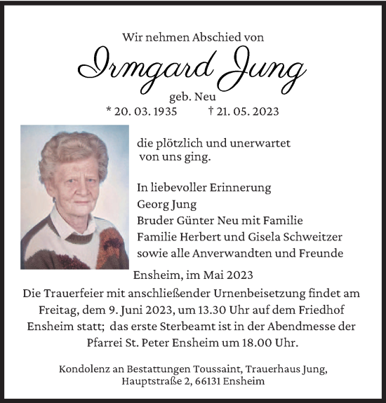 Traueranzeige von Irmgard Jung von saarbruecker_zeitung