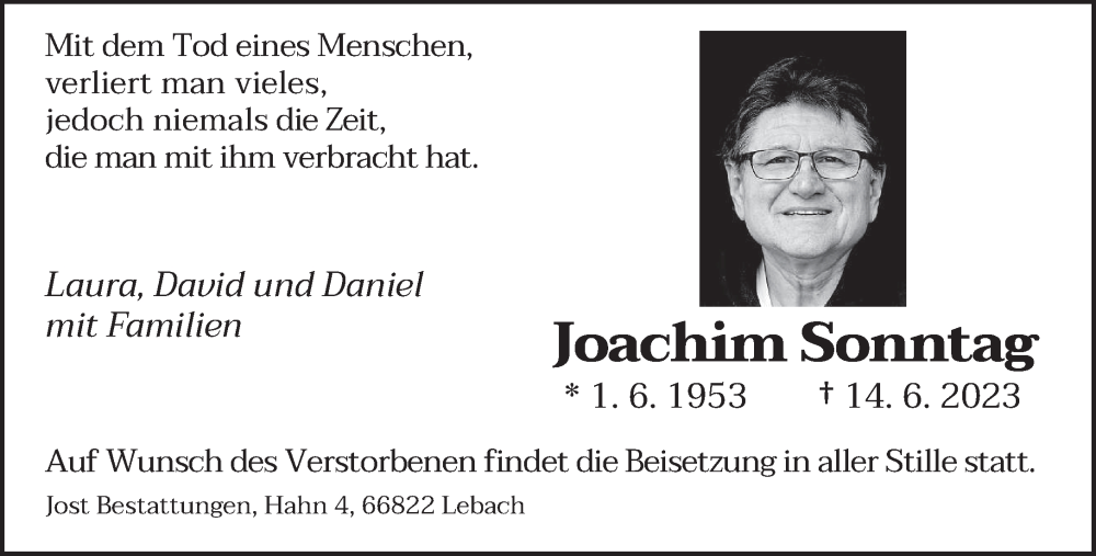 Traueranzeige für Joachim Sonntag vom 19.06.2023 aus saarbruecker_zeitung