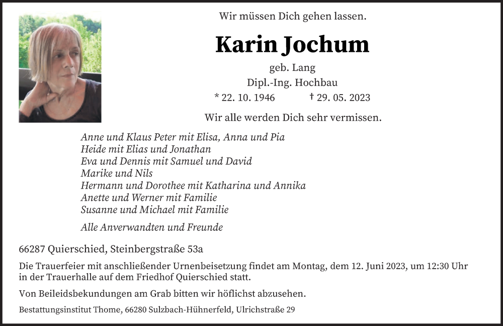  Traueranzeige für Karin Jochum vom 03.06.2023 aus saarbruecker_zeitung
